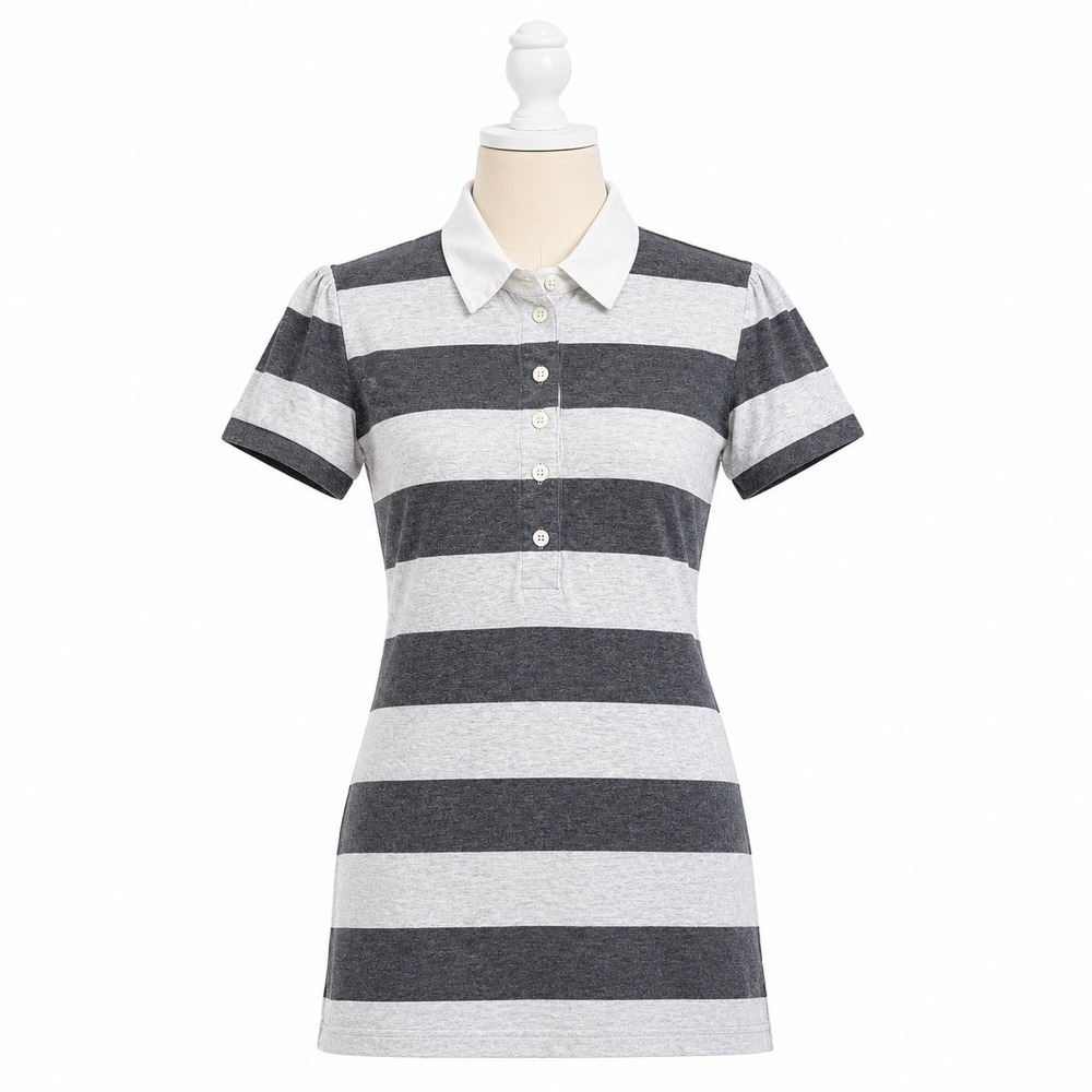 Old Navy Perfect Fit Striped Polo Shirt Gray White‎ Y2K Prep Womens Medium Top